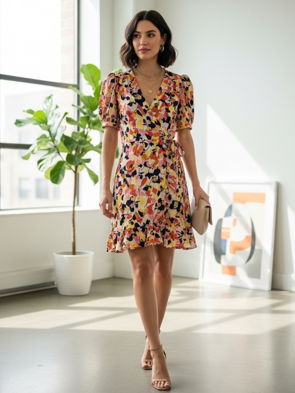 FRNCH Paris Floral Wrap Mini Dress S Puff Sleeve Ruffle Hem Viscose Elegant Chic